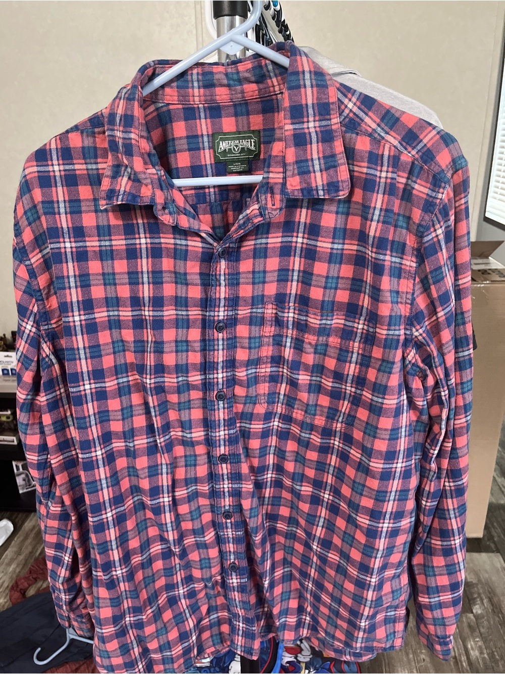 American Eagle Outfitters Pink and Blue Plaid Button-Down Shirt